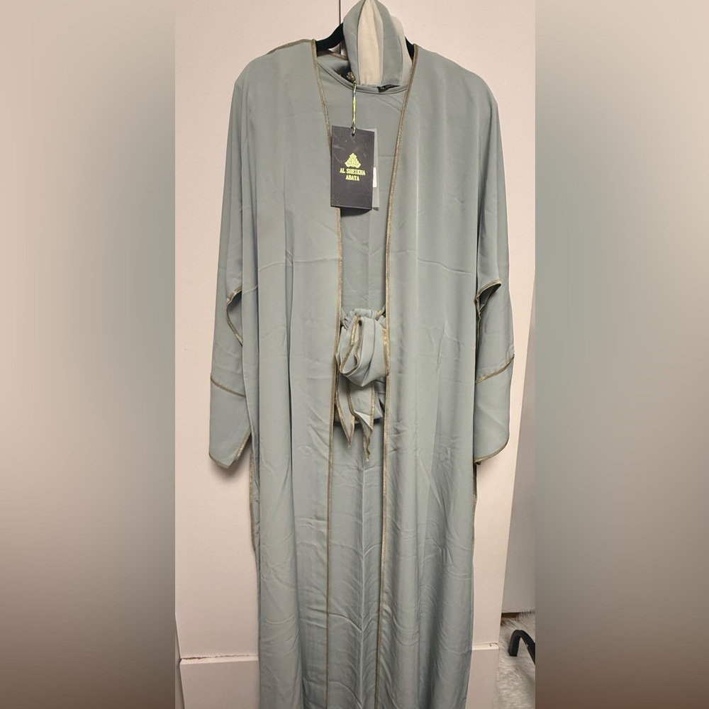 3 Piece set with shawl Light Sage Long Sleeve Maxi Dress with Waist Tie